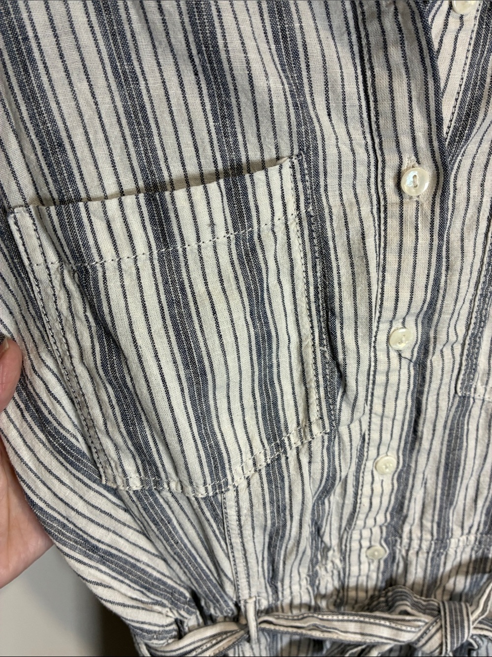 Max Studio Linen Blend Stripe Shirt Dress Blue White Tie Waist Large - Picture 4 of 7